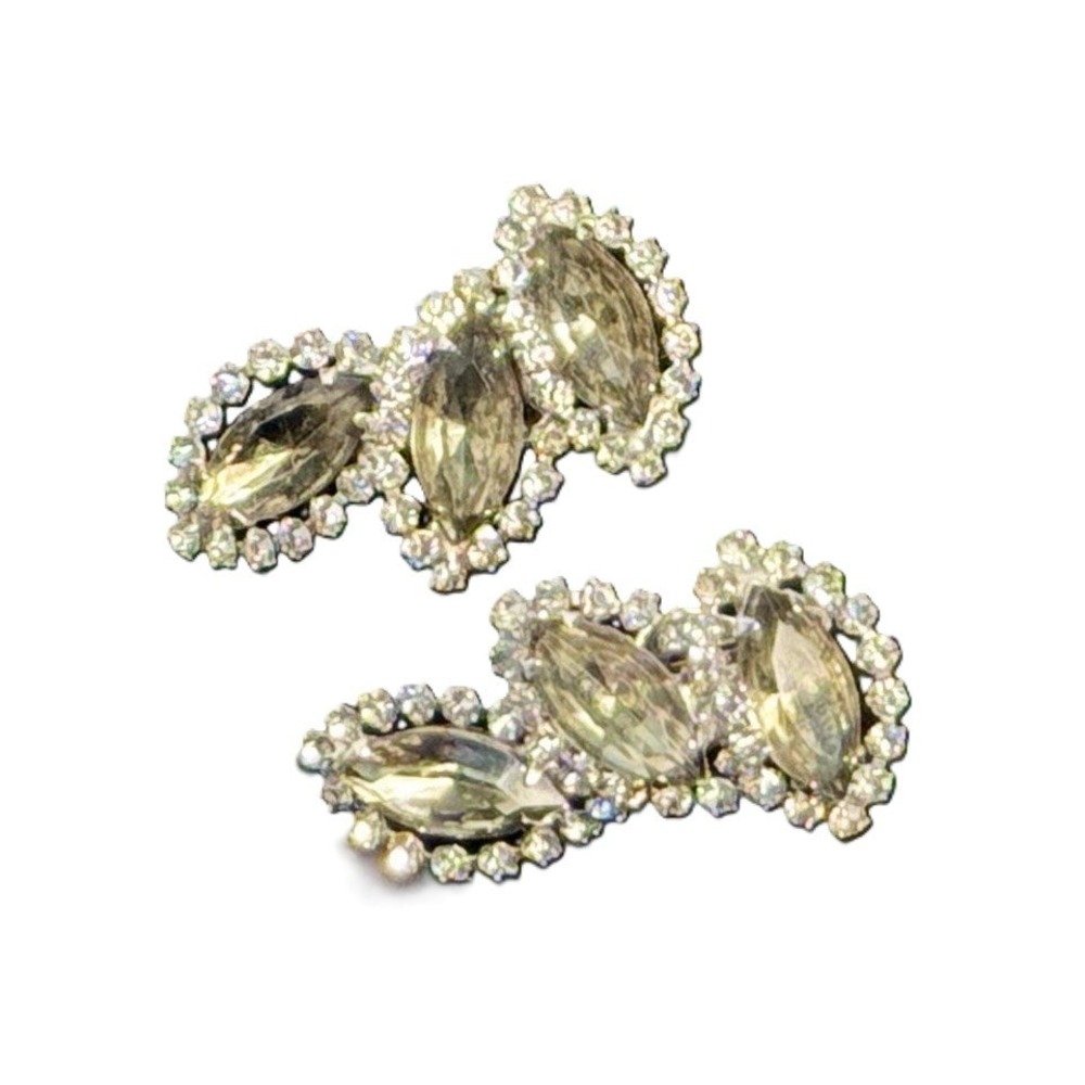 Weiss vintage clip-on earrings marquise cut smoky gray rhinstones 1.5"